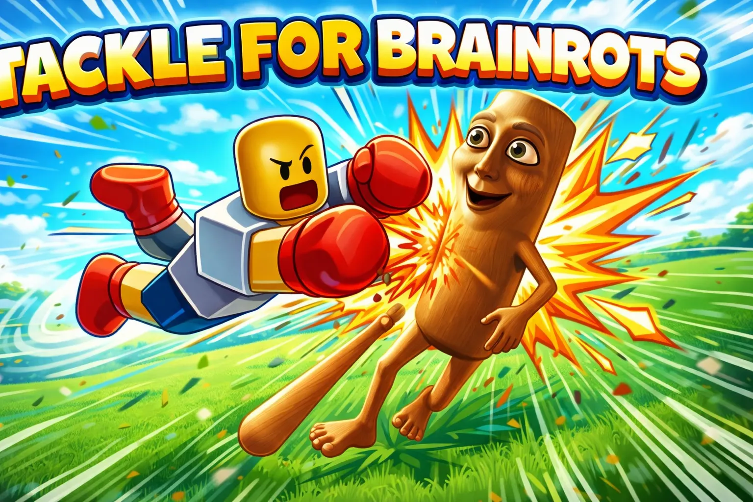 Tackle for Brainrots key art — a Roblox character diving to tackle a brainrot